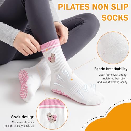 Anti-Slip Pilates Socks for Women - Breathable Yoga Socks - Pink Bear