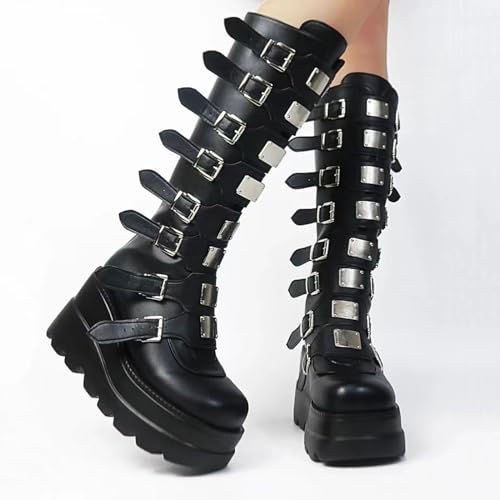 Women’s Platform Punk Goth Mid Calf Boots - Chunky Heel - Black