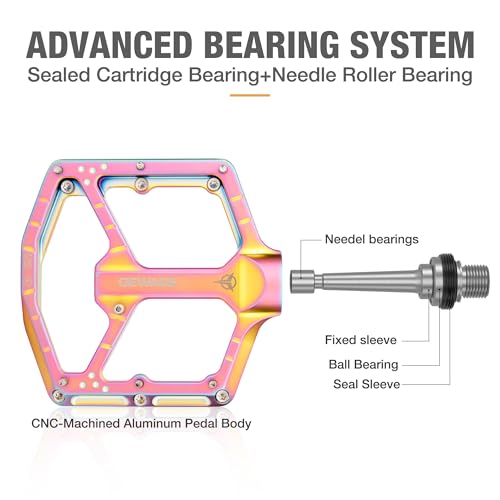 GEWAGE Rainbow Aluminum Mountain Bike Pedals - Flat Platform, Sealed Bearings, Anti-Slip Pins, 9/16 Inch