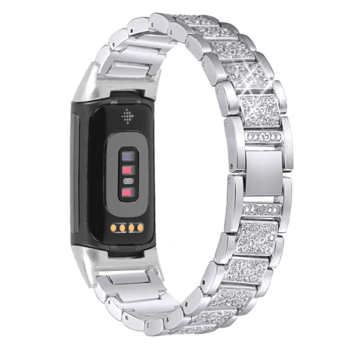 Mtozon Silver Rhinestone Bling Bands for Fitbit Charge 6/5 Dressy Metal Wristband