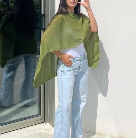 Dark Green Women Sheer Knit Poncho Top Y2K Mesh Cover Up One Size