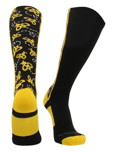 MadSportsStuff Over the Calf Bumble Bee Softball Socks for Girls & Women Small Black & Gold