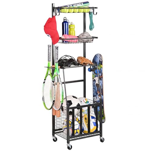Vertical Sports Equipment Storage Rack with Hooks and Baskets