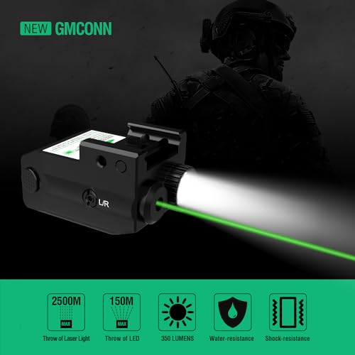 Gmconn Pistol Green Red Laser Light Combot, 350 lm Gun Flashlight with Strobe Mode Green Red Laser for Handgun,Compact Rail Mount Tactical Flashlight, USB Rechargeable Weapon for Pistols (Green Laser)