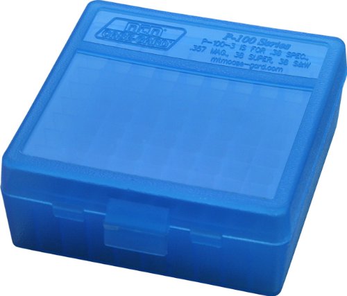 100 Round Handgun Ammo Storage Box - Flip-Top Case - Clear Blue