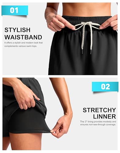 G Gradual Women's 4" Quick Dry Swim Shorts with Boxer Liner - Large Black