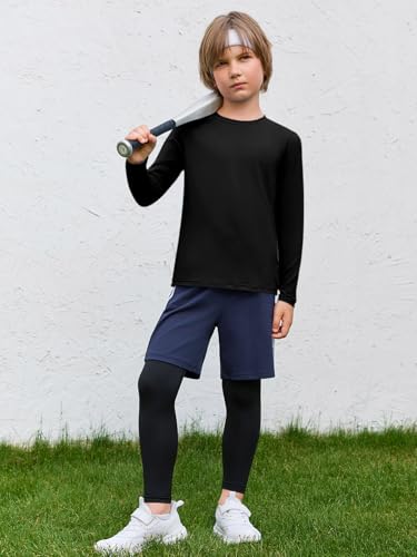 Boys Long Sleeve Athletic T-Shirt - Neon Dry Fit UPF 50+ - Black, 7-8 Years