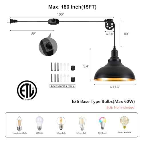 Black Pendant Light Hanging Lamps for Living Room Plug in 15FT Dimmable Switch Adjustable Pulley Hanging Lights with Cord for Kitchen Bedroom 2 Pack
