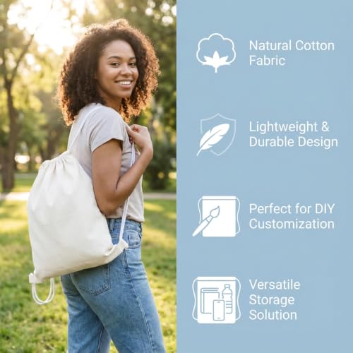 Canvas Drawstring Bags - Set of 3 Cotton Backpack for Sports