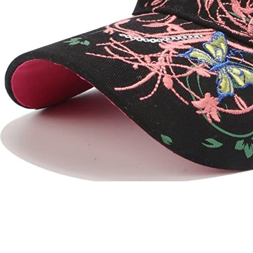 Women’s Adjustable Embroidery Butterfly Baseball Cap with Flower Print - Black, One Size