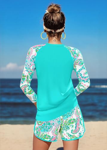 MODLILY Two Piece Women's Rash Guard with Paisley Print - Long Sleeve, Cyan, Medium