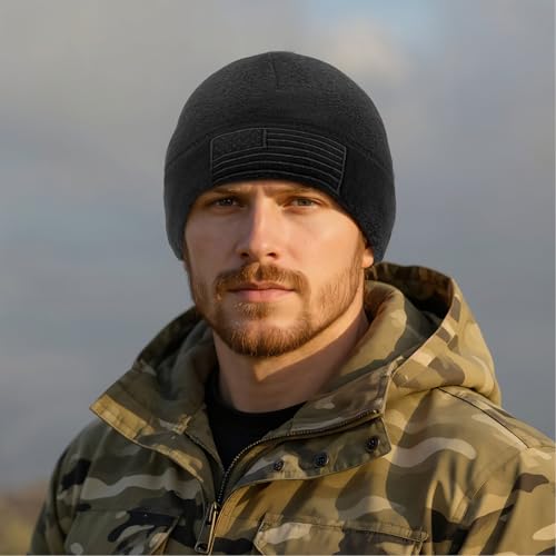 American Flag Tactical Fleece Beanie - Warm Winter Watch Cap - Black
