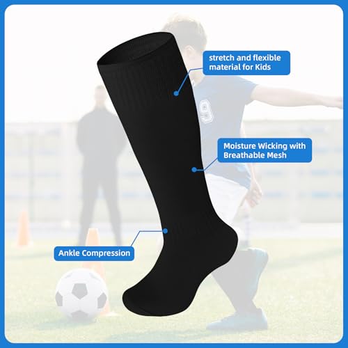 Kids Football Socks - 2 Pair Solid Black, Breathable Sports Socks for Ages 4-8