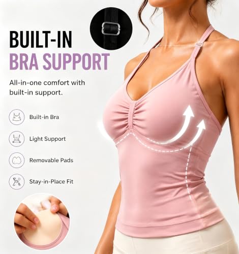Seamless Longline Strappy Tank Top for Women with Built-in Bra - Small Pink