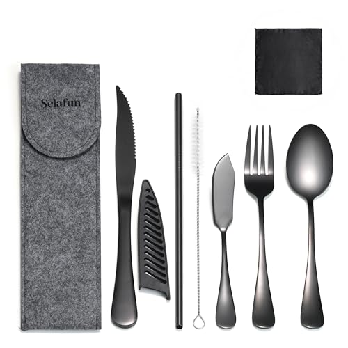 Portable Camping Cutlery Set - Eco-Friendly Silverware with Case - Black