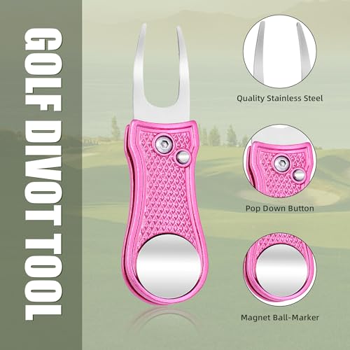 Golf Divot Repair Tool - Foldable Metal with Magnetic Ball Marker - Pink Bone
