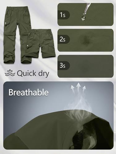 Yevtzl Boys Lightweight Cargo Convertible Hiking Pants - Army Green, Large