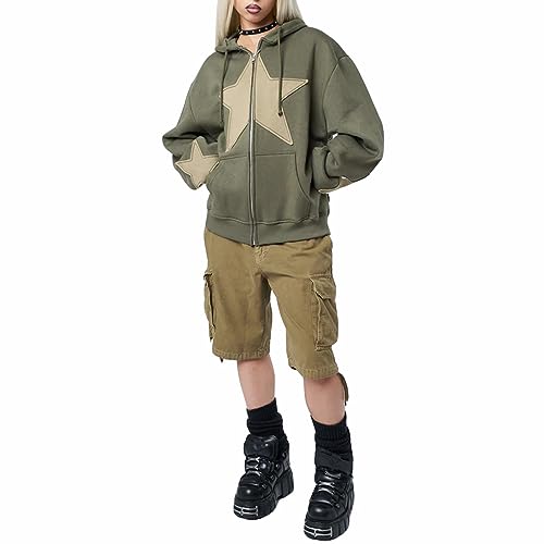 Karwuiio Women's Y2K Zip Up Hoodie Gray Green Large Star Graphic Oversized Sweatshirt