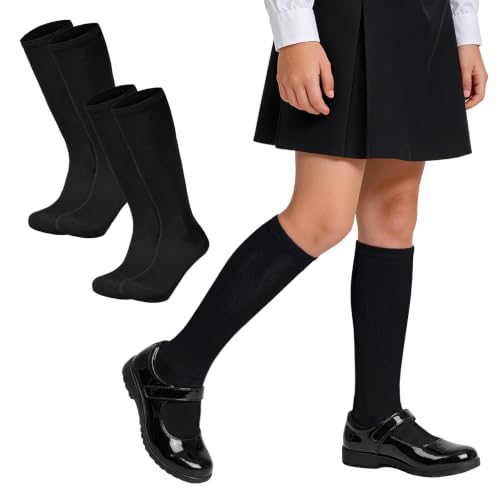 Kids Soccer Socks - 2 Pack Knee High Cotton Socks for Ages 10-12 - Black
