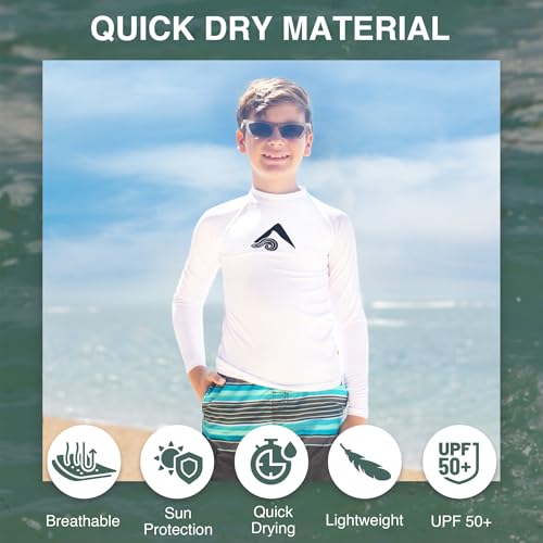 Boys' Long-Sleeve Rash Guard Swim Shirt - White, Size 14-16