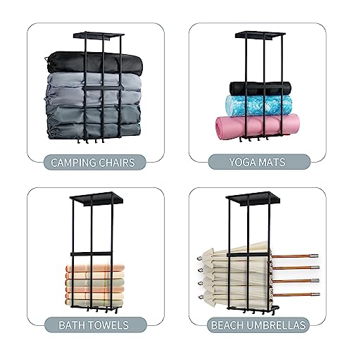 Camping Chair Rack for Garage Storage, Metal Camping Beach Chair Umbrella Holder Wall Mounted Rack Organizer Floating Shelf with 4 Hooks for Garage Organization