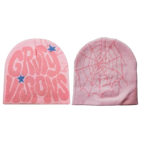 Y2K Beanie Hat - Knitted Wool Pullover with Letter & Star Print - Pink, One Size