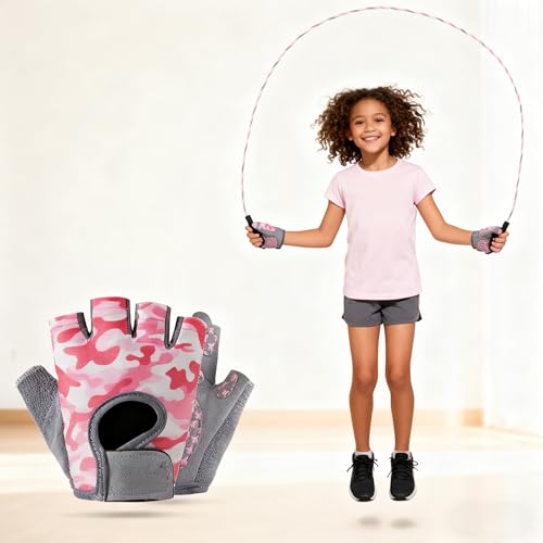 Kids Half Finger Cycling Gloves - Non-Slip Padded, Pink Camo, M (5-8 Years)