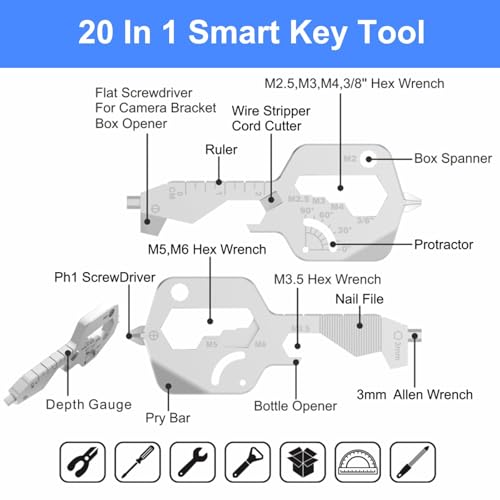 20 IN 1 Key Shaped Multitools, Key Shaped Pocket Tool, Stainless Steel Utility Gadget, Gift for Men, Everyday Carry, Automotive, Home Improvement, Bottle Opener, Screw Driver, Silver, 1 Pcs