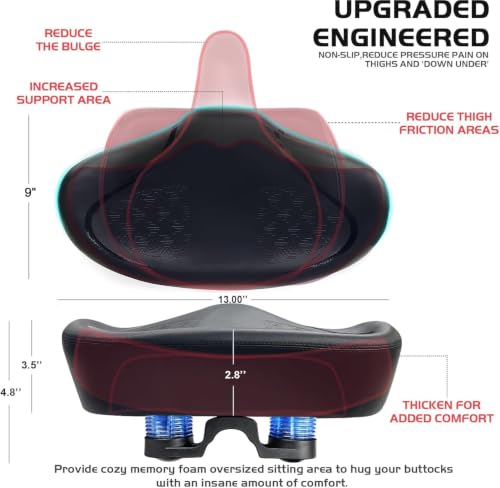 Extra Wide Noseless Bike Seat Cushion - Black - Comfortable Saddle for Peloton & Electric Bikes