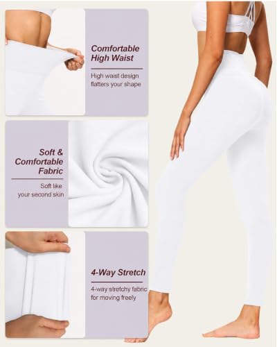 High Waisted Leggings for Women - Tummy Control Yoga Pants with Pockets - 26 Inch / Small-Medium / A-White