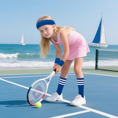 Kids Sports Set - 5 Pieces Sweatbands & Striped Socks - Blue