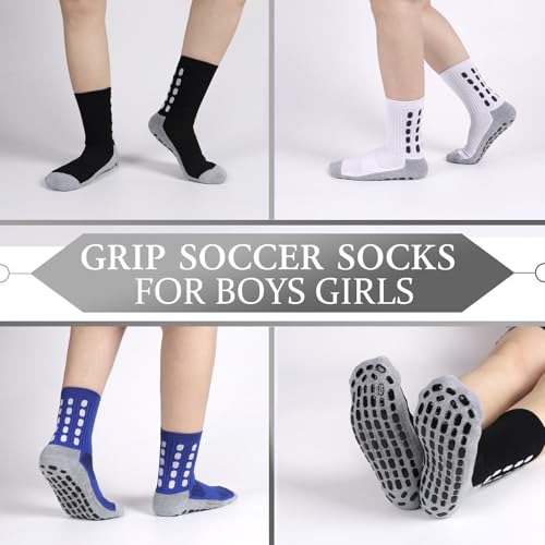 Barrlves 6 Pairs Kids Grip Soccer Socks Cushioned Non Slip Football Athletic Socks (Medium) – 2 Black, 2 White, 2 Blue