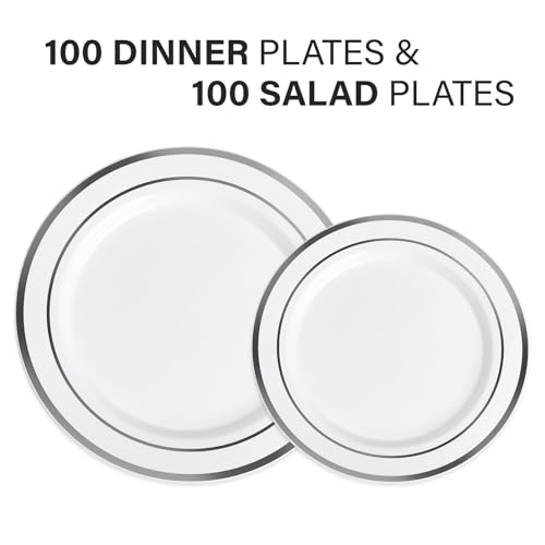 AOZITA Silver Plastic Party Plates 10 Inch Disposable Set - 200 pcs