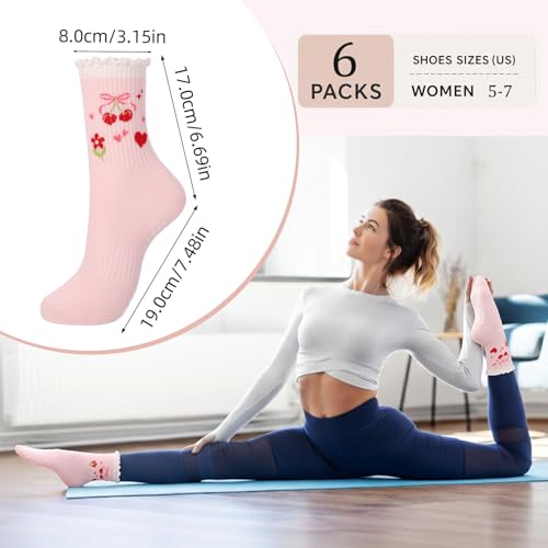 6 Pairs Cute Non-Slip Pilates Socks for Women - Pink, Green, White