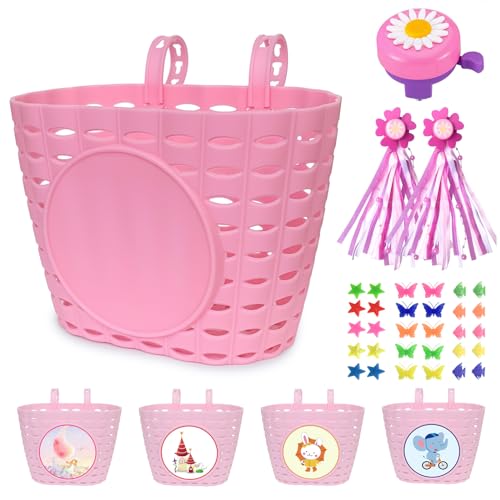 Child Bike Basket for Girls - Easy Install, Durable Plastic, Customizable Cartoon Stickers