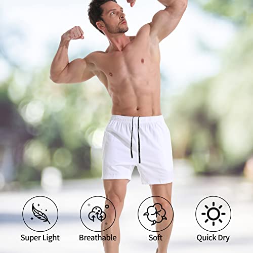 Men's 5-Inch Gym Shorts - Lightweight Quick Dry Athletic Shorts with Zipper Pockets - Large, White
