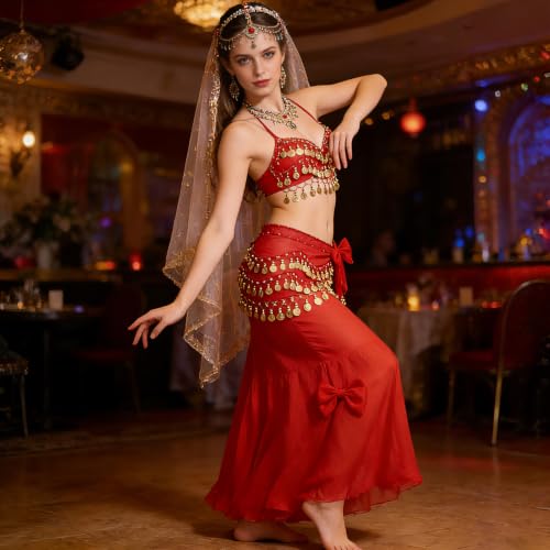 Belly Dance Hip Scarf Tie Waist Wrap with 128 Coins - Red