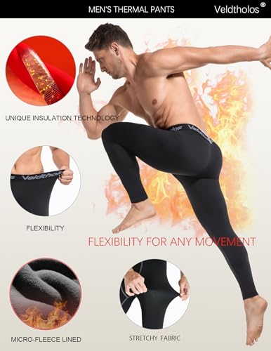 Veldtholos 5 Pack Men’s Thermal Compression Pants with Fleece Lined – Black (3 Black + 2 Black/Gray) Medium