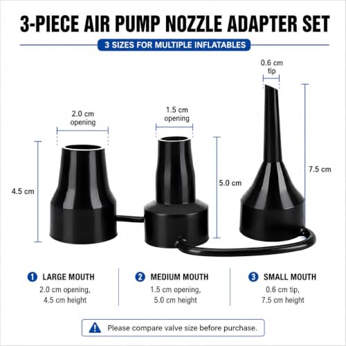 3 Size Air Pump Nozzles Set - Plastic Inflator Adapters for Pools, Mattresses & Bounce Houses