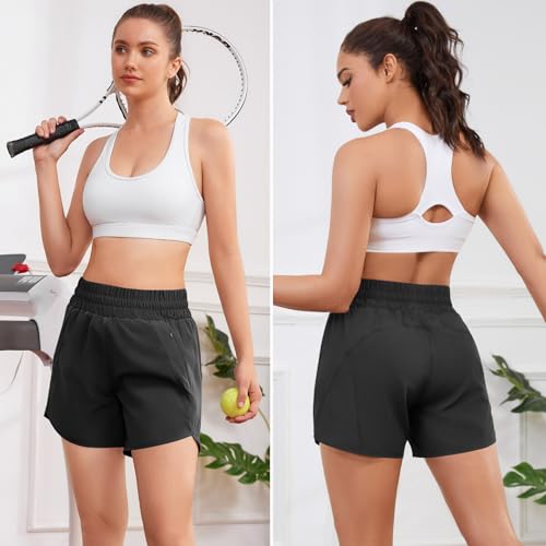 Hooxum Women's High Waist Running Shorts Large Black Quick Dry Athletic Gym Shorts with Zip Pocket