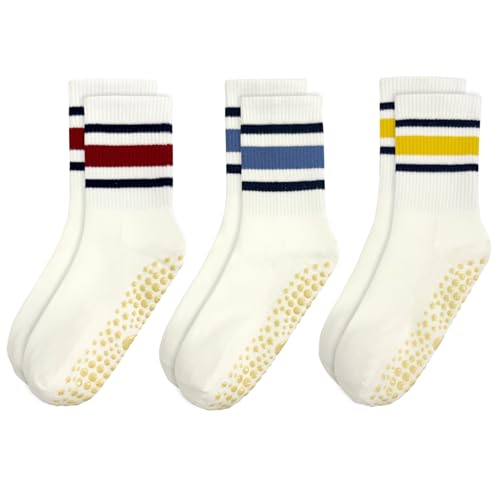 Yoga Socks for Women - 3 Pairs Non-Slip Crew Grip - White with Red, Yellow & Blue Stripes