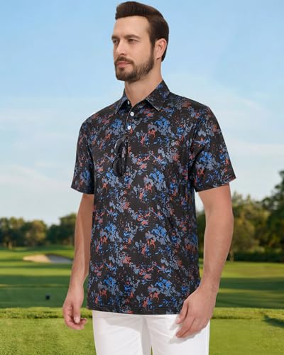 Hawaiian Golf Polo Shirt for Men - Short Sleeve, Large Black Multi Splatter