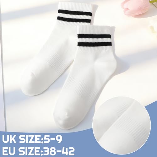 Women's White Crew Socks 6 Pairs - Casual Striped Trim, Breathable Cotton Blend, One Size