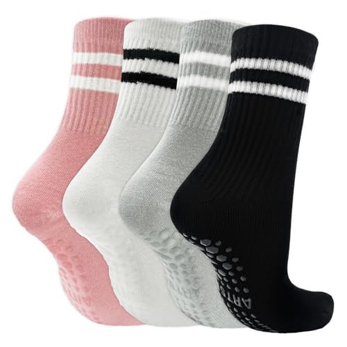 Non-Slip Pilates Socks with Grips - 4 Pairs, Size 6-10