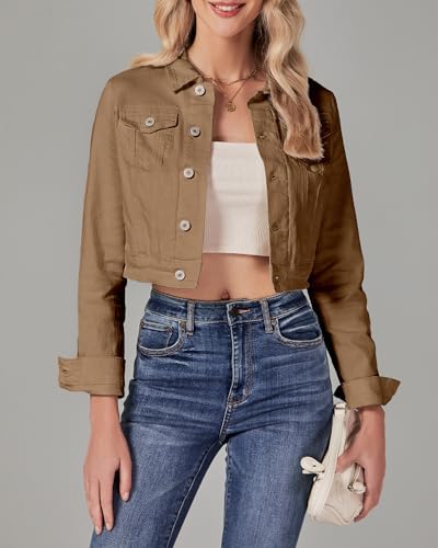 Luvamia X-Large Almond Brown Cropped Denim Jacket for Women Short Fitted Shacket