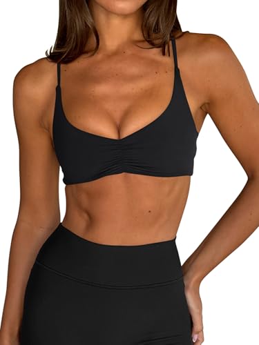 LASLULU Women's Medium Black Padded Strappy Back Sports Bra - Adjustable Gym Top