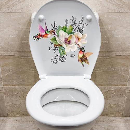 Birds Flowers Butterfly Toilet-Floral Birds Butterfly Toilet Seat Decals-DIY Removable Waterproof Toilet Sticker-Seat Lid Stickers Self-Adhesive Bathroom Wall Sticker for Cistern Decor 11.8x11.8in