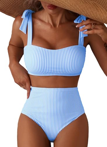 High Waisted Women's Tie Shoulder Bikini Set - Medium Blue Stripes