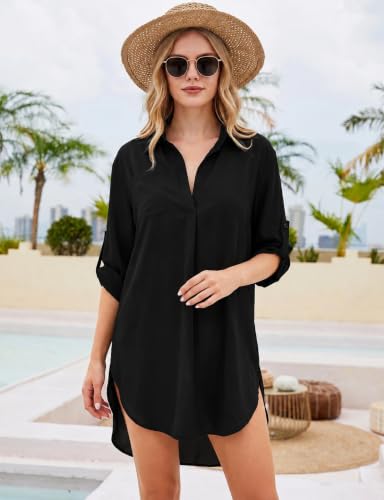 V-Neck Beach Cover Up Shirt Dress - 3/4 Sleeve Asymmetrical - Black, Large
