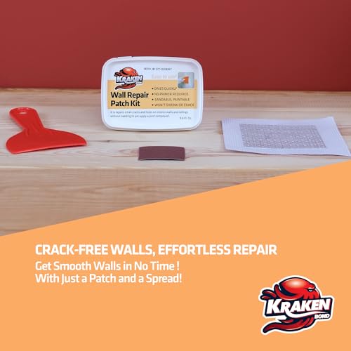 Kraken Bond Drywall Patch Repair Kit - (2x8 fl.oz.) Easy to Use Wall Patch Repair Kit for Drywall Hole & Cracks, Includes Aluminum Self-Adhesive Patch, Grit Sandpaper, Plastic Putty Knife, 2 Pack